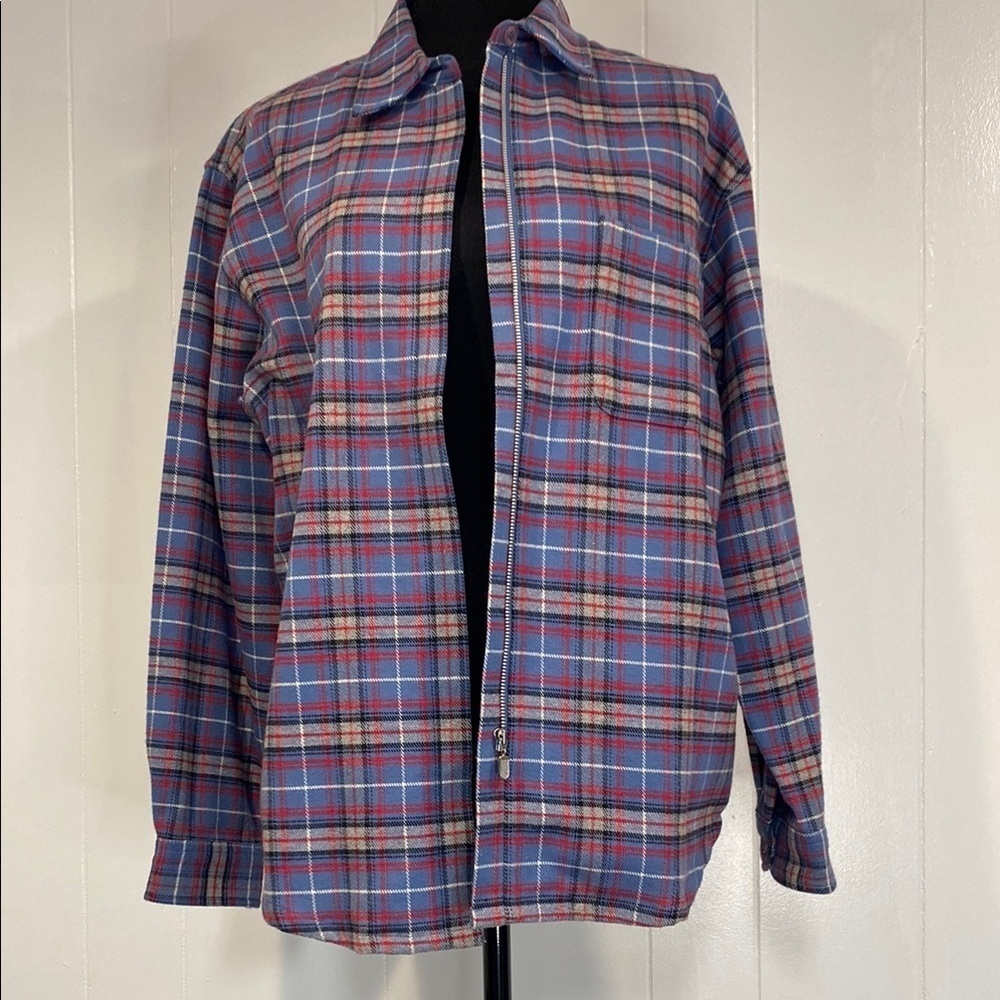 Talbots Chore Jacket Shacket Shirt Flannel Zipper Tartan Plaid Blue Red Medium